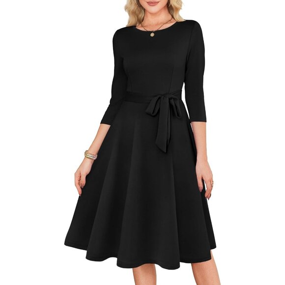 Women's Black 3/4 Sleeve Vintage Flattering A-line Vintage Cocktail Dresses - Picture 4 of 5